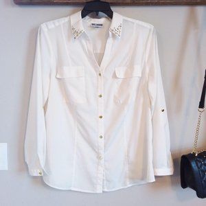 JM Collection Blouse Cream Womens SZ 14 Rhinestone